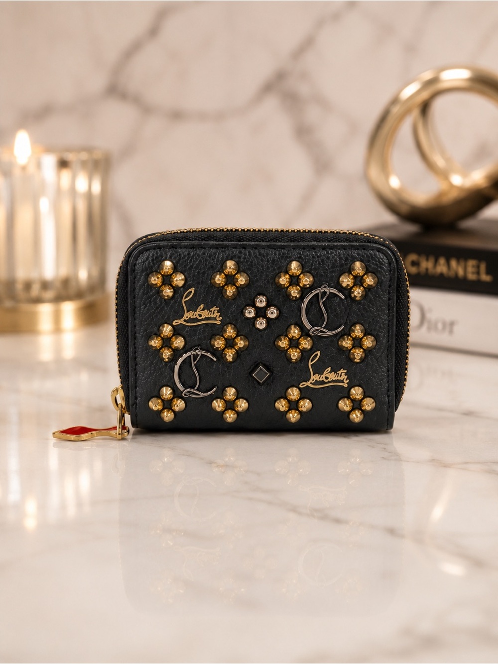 Christian Louboutin Black Leather Studded Compact Zip Wallet | COA + Dust Bag